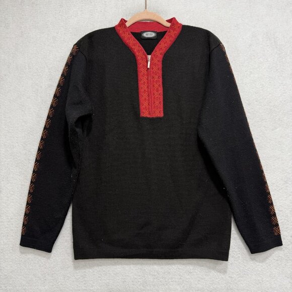 Meister Sweater Mens Medium Black Red Quarter Zip Nordic Knit Pullover Ski Trim - Picture 2 of 8